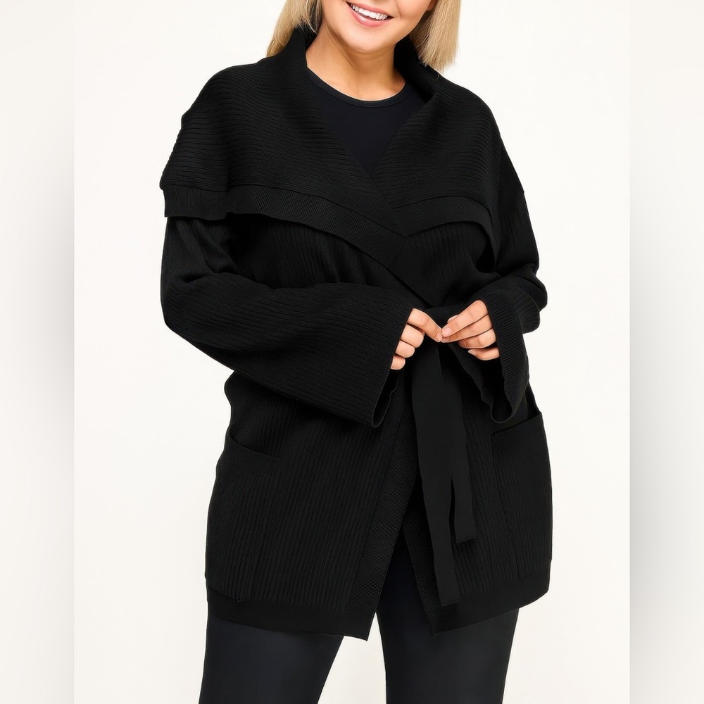 Ribbed Wrap Cardigan With Waist Belt